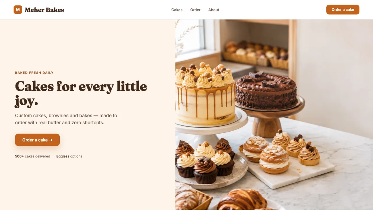 Sample homepage for a home bakery