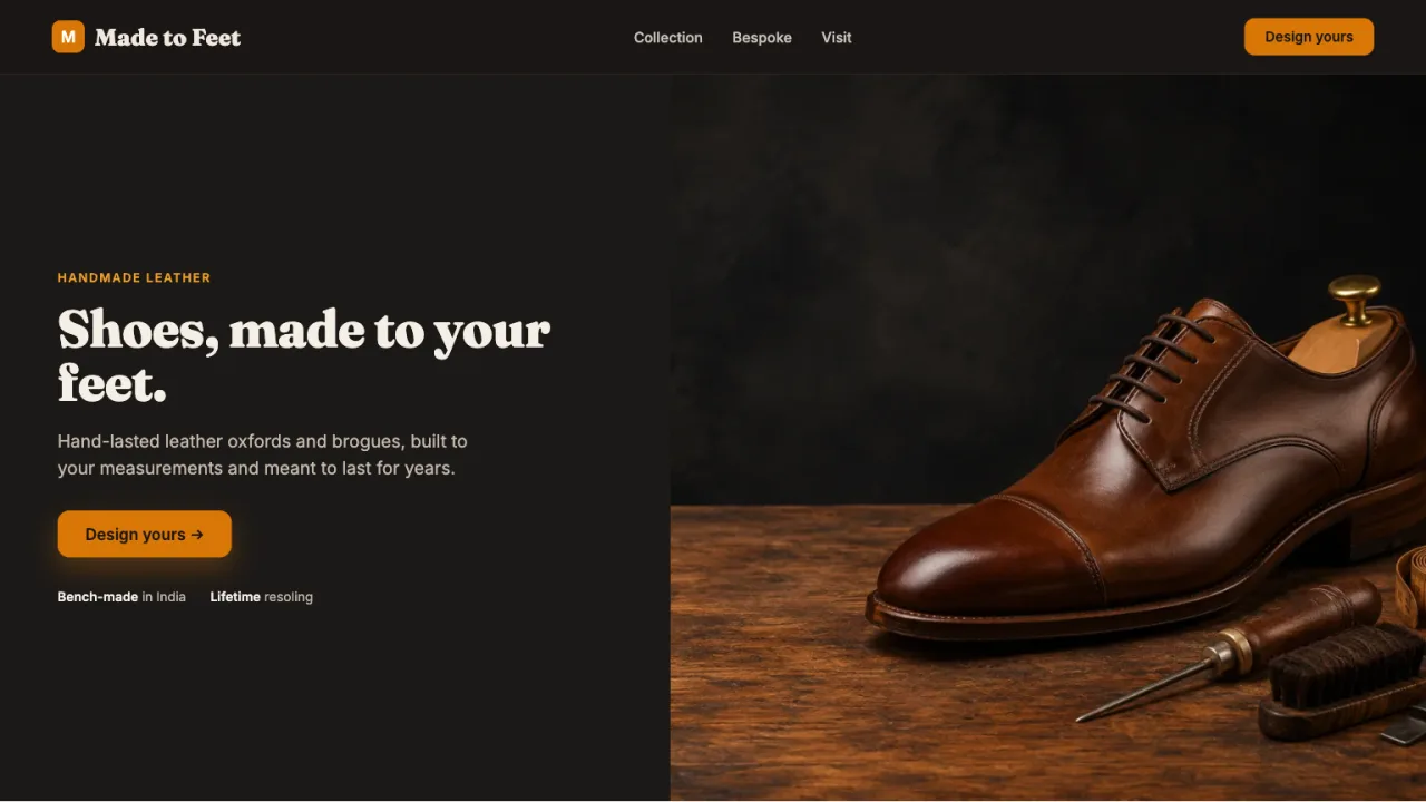 Sample homepage for a custom shoe shop