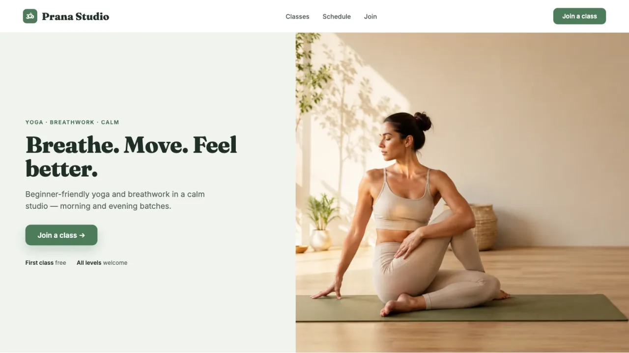 Sample homepage for a yoga studio