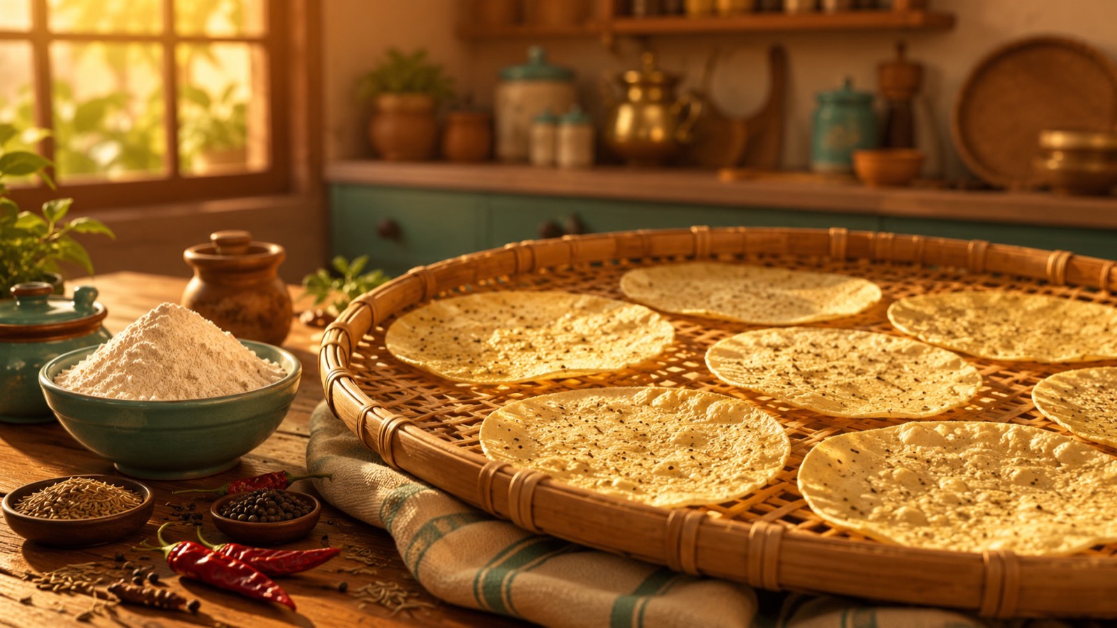 Papads drying on a cane tray