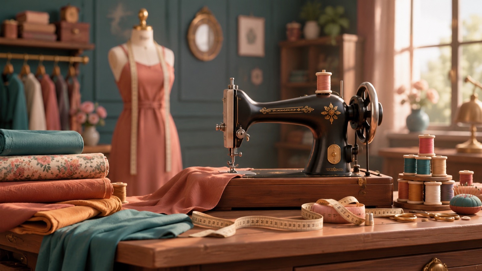 A tailoring studio with fabrics and a sewing machine